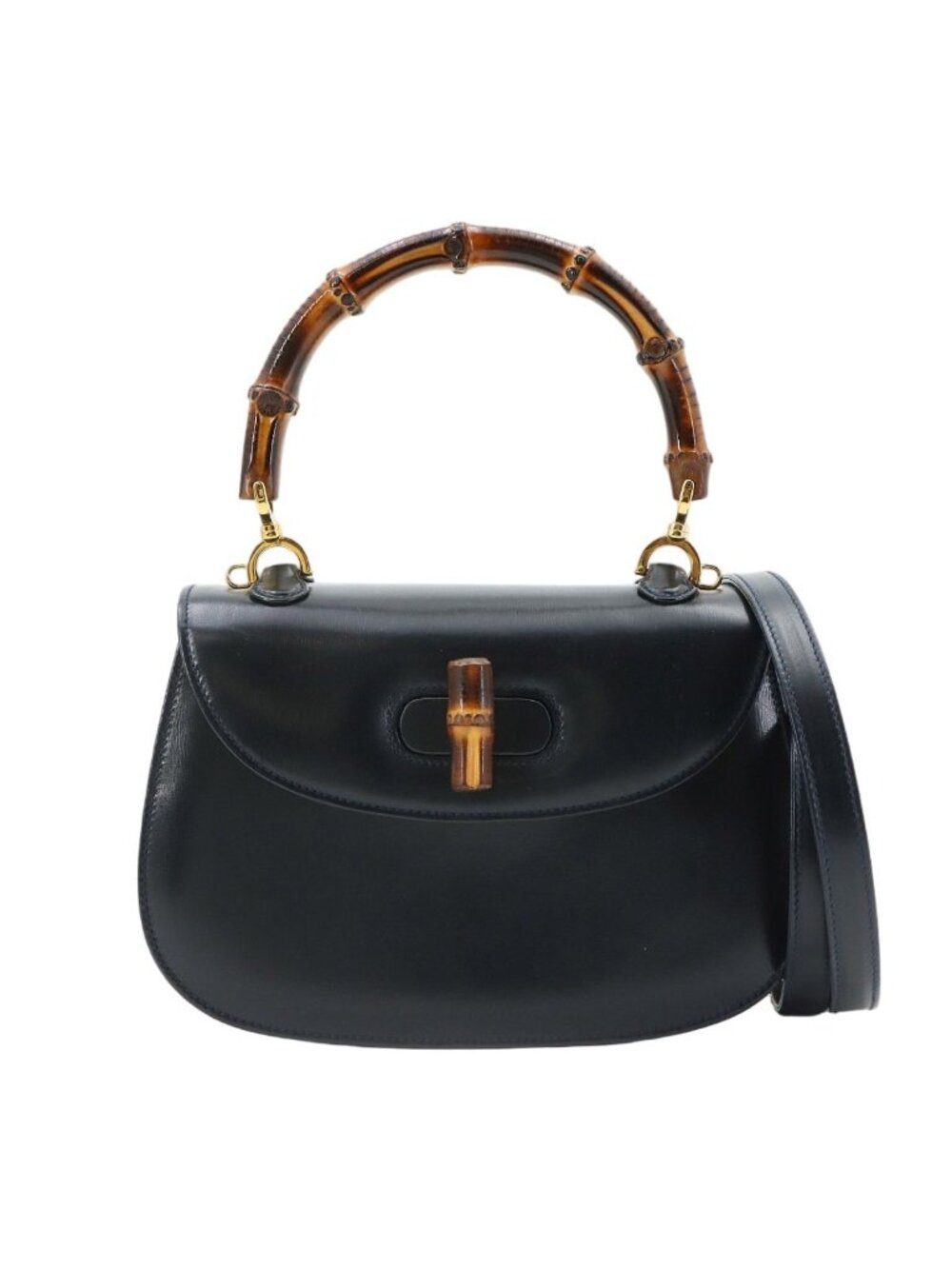 Gucci Bamboo 2-Way Hand Shoulder Bag Leather Navy 000 Gold Vintage